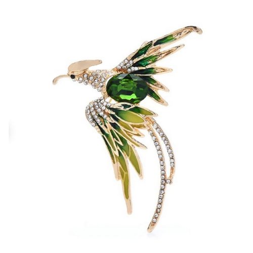Broche bijou oiseau style  phoenix acier doré et vert.