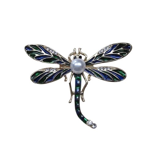 Broche bijou acier doré libellule bleu et vert avec perle.