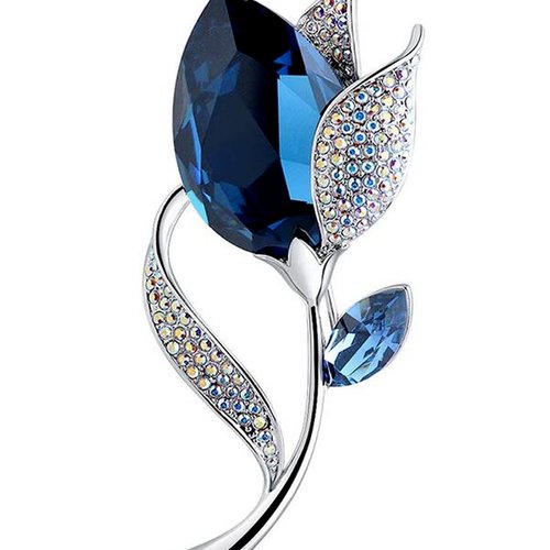 Broche bijou acier argenté fleur strass blanc et cristal bleu.