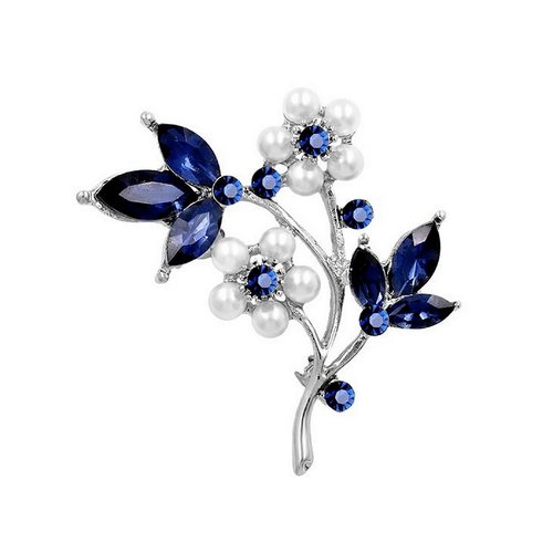 Broche bijou fleur cristal bleu et perles nacrées en acier argenté.