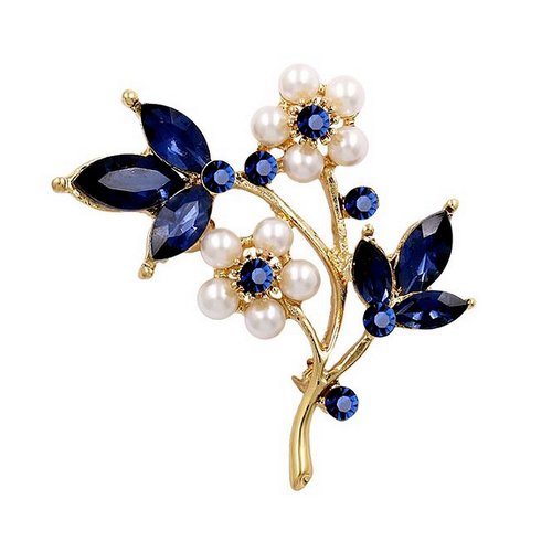 Broche bijou fleur cristal bleu et perles nacrées en acier doré.