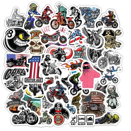 Lot de 50 stickers autocollants thème moto, biker, motocross, motard.