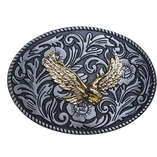 Boucle ceinture aigle doré sur fond floral style country, western, biker en acier.
