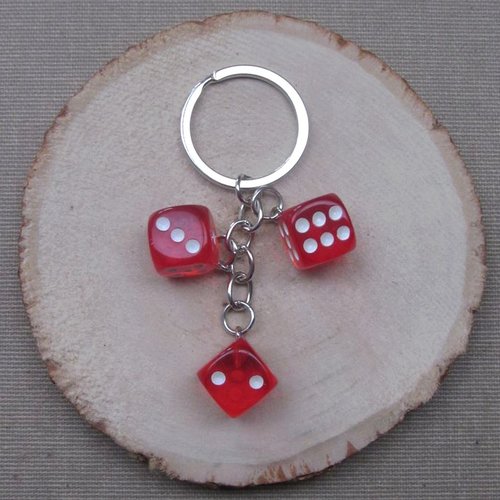 Porte-clés, bijou de sac dés a jouer rouge style casino, acier et acrylique.