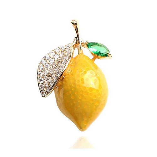 Broche bijou fruit citron jaune et feuille en acier.