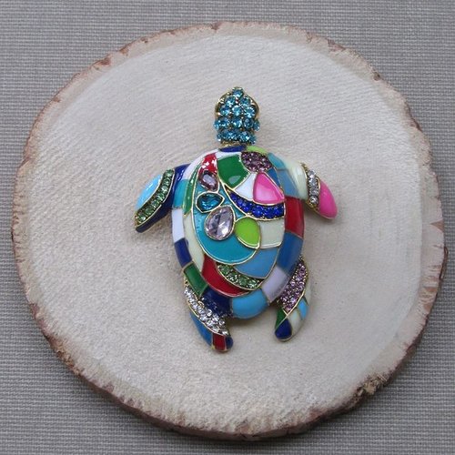 Broche bijou tortue multicolore strass cristal et acier.