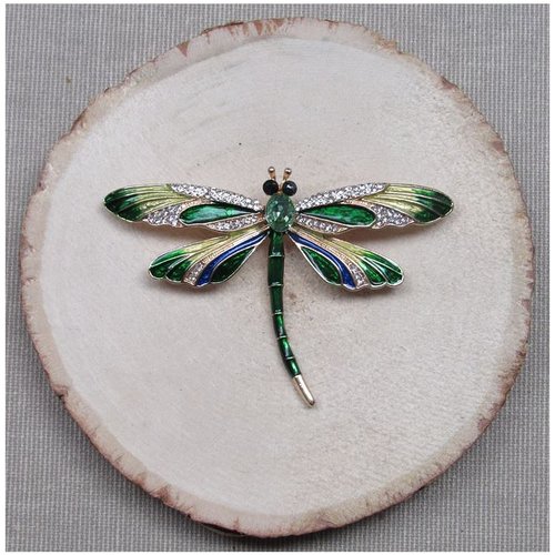 Broche bijou insecte libellule vert dominant, acier inoxydable.