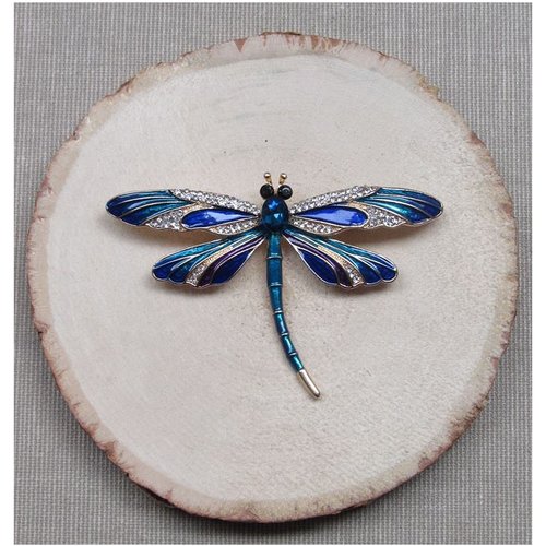 Broche bijou insecte libellule bleu dominant, acier inoxydable.