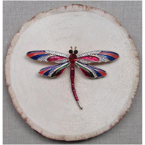 Broche bijou insecte libellule rouge dominant, acier inoxydable.