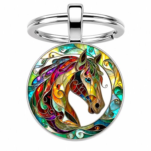 Porte-clés, bijou de sac cabochon tête de cheval multicolore.