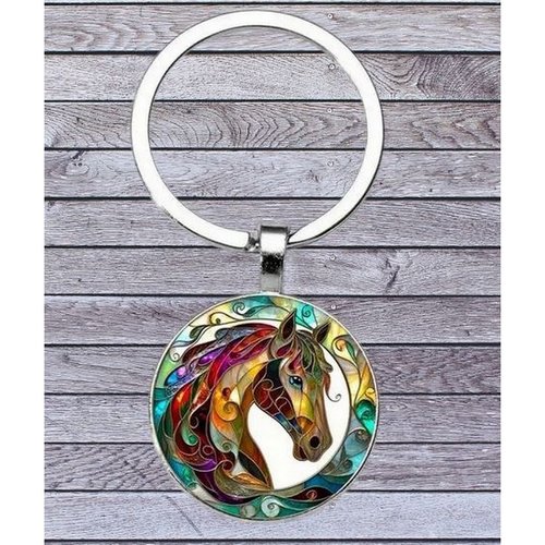 Porte-clés, bijou de sac cabochon tête de cheval multicolore.