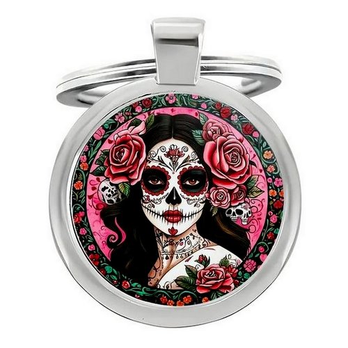 Porte-clés, bijou de sac, santa muerte fleur rose calavera style méxicain.