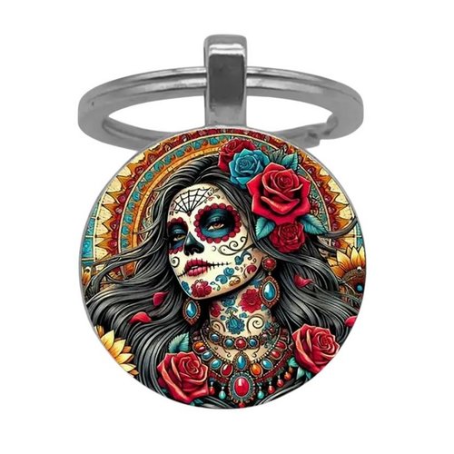 Porte-clés, bijou de sac cabochon santa muerte calavera style méxicain.