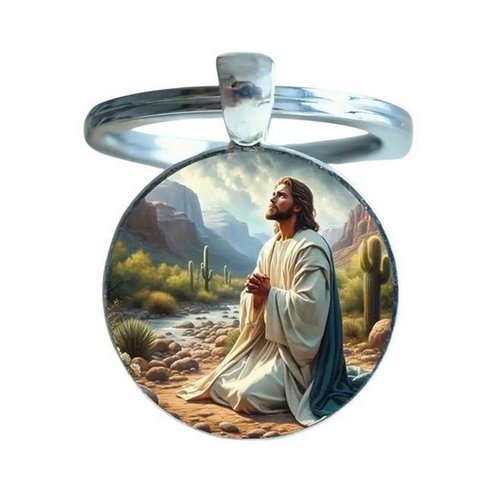 Porte-clés, bijou de sac cabochon jésus en prière, acier.