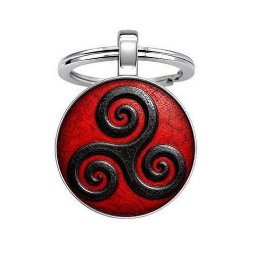 Porte-clés, bijou de sac cabochon imprimé symbole triskel noir sur fond rouge.