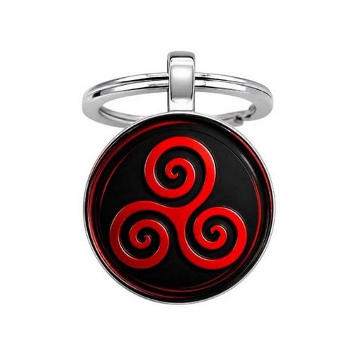 Porte-clés, bijou de sac cabochon imprimé symbole triskel rouge sur fond noir.
