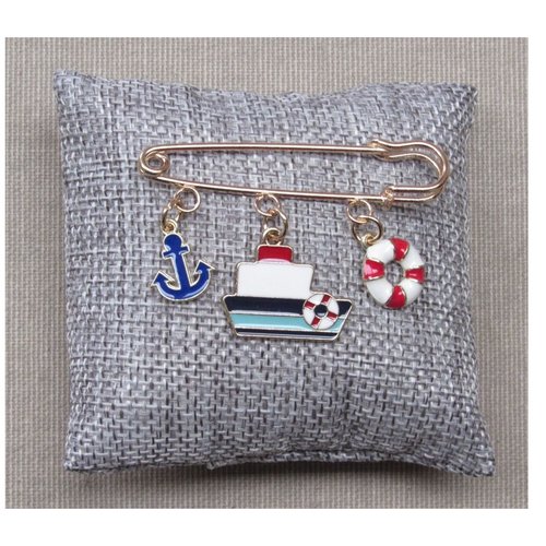 Broche bijou charms thème marine bateau, ancre et bouée en acier doré.