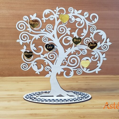 Arbre de vie prénom en bois, personnalisé avec support, arbre généalogique, prénom coeur miroir acrylique
