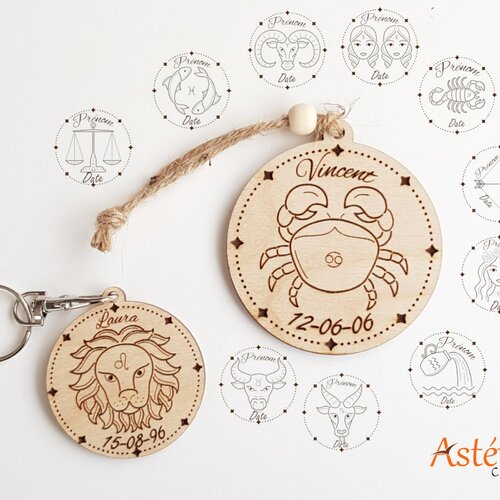 Porte clefs ou suspension personnalisé signe astrologique en bois cadeau - porte clés zodiac signe du zodiaque horoscope