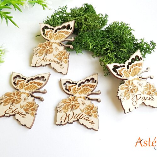 Marque place papillon fleurs - champêtre en bois personnalisé - mariage, baptême, ou anniversaire - décoration de table