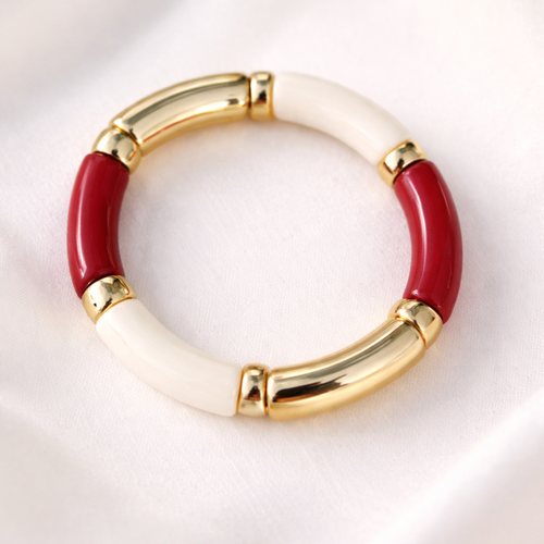 Bracelet élastique vintage doré, perles blanc ivoire et rouge brique – style chic rétro – bijou femme élégant
