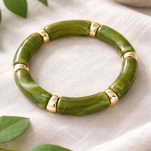 Bracelet élastique vert marbré & doré – élégance naturelle et lumineuse