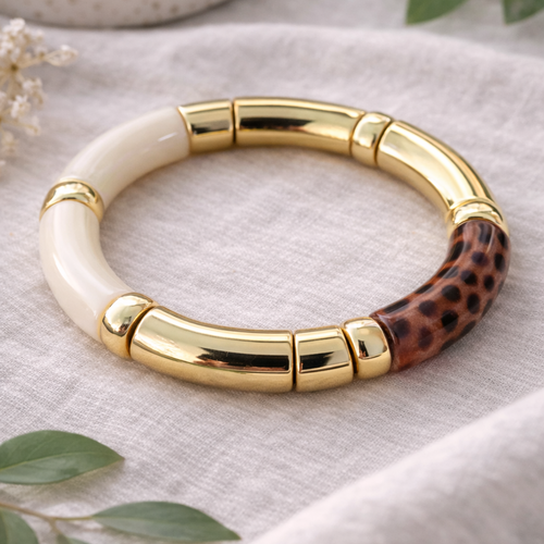 Bracelet élégant doré – résine ivoire & motif écaille