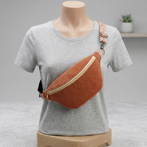 Sac banane en velours terracotta, sac bandoulière motif floral champêtre, sac banane fait-main france, cadeau eco-responsable femme