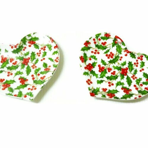 Petits coeurs en porcelaine décor houx de noël