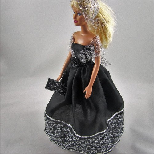 Vêtements pour poupée barbie - "robe longue de fête, noire et argent"