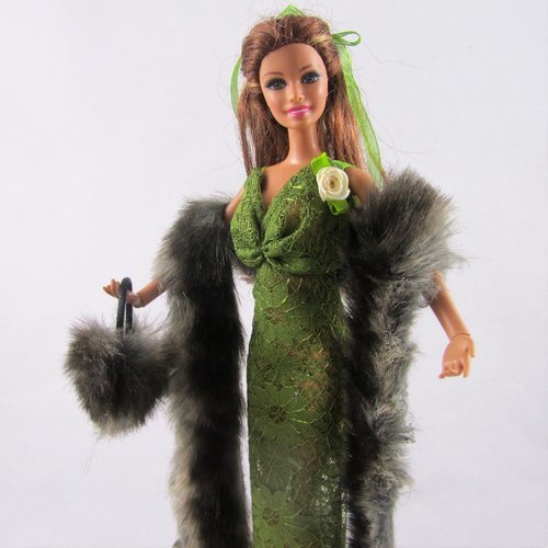 Vêtements pour poupée barbie - "robe de soirée vert bronze"