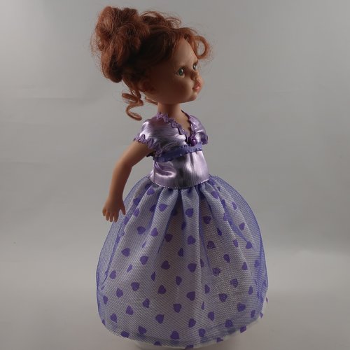 Vêtements pour poupées chéries corolle, paola reina, 32/33cm - robe longue "coeurs violets"