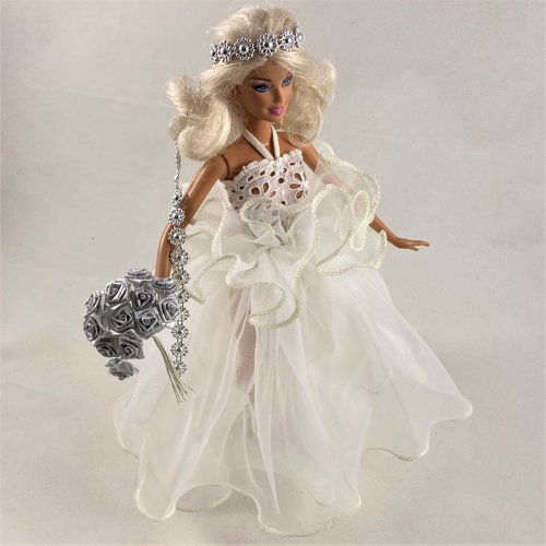 Vêtements pour poupée barbie - "robe de mariée broderie anglaise et organza"