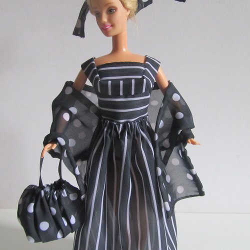 Vêtements pour poupée barbie - "robe du soir noire et blanche"