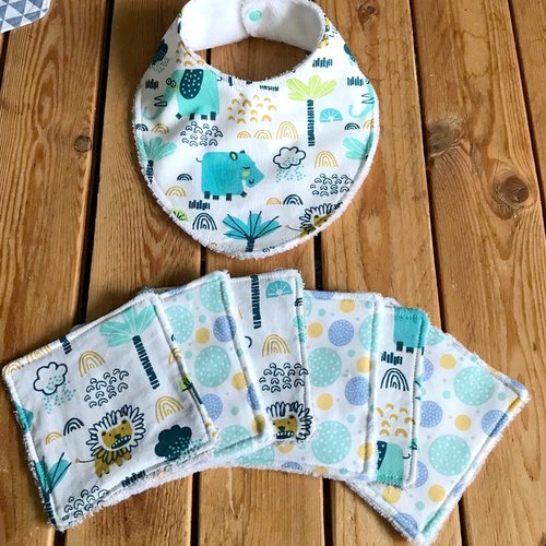 Bavoir et lingettes bébé, bavoir bandana et 6 lingettes assorties, ensemble bébé naissance