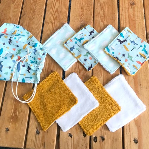 8 lingettes lavables réutilisables et panier,  8 lingettes et son sac assorti