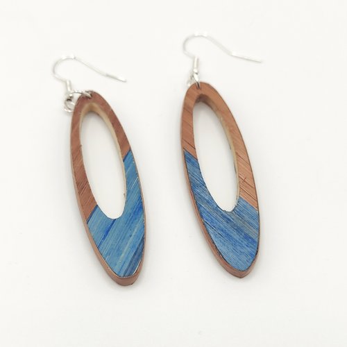 Boucles d’oreilles en marqueterie de paille – marron et bleu – pièce unique – fait main en france