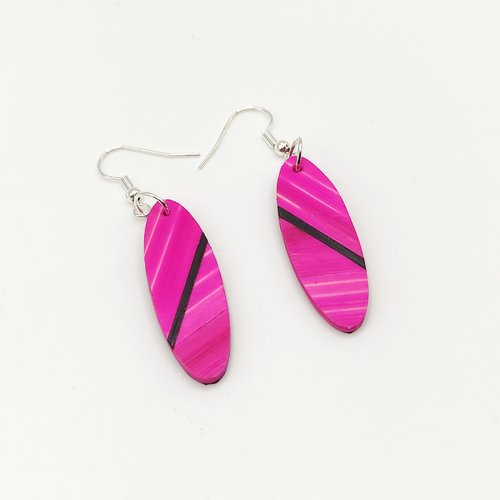 Boucles d’oreilles en marqueterie de paille – marron et bleu – pièce unique – fait main en france