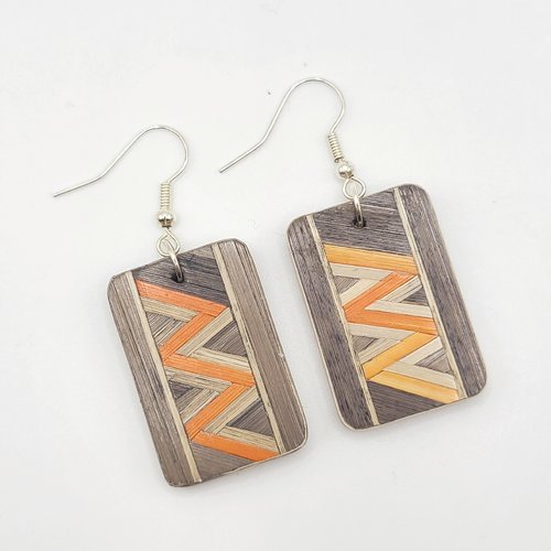 Boucles d’oreilles en marqueterie de paille – orange et marron – pièce unique – fait main en france
