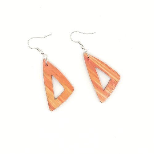 Boucles d’oreilles en marqueterie de paille – orange – pièce unique – fait main en france