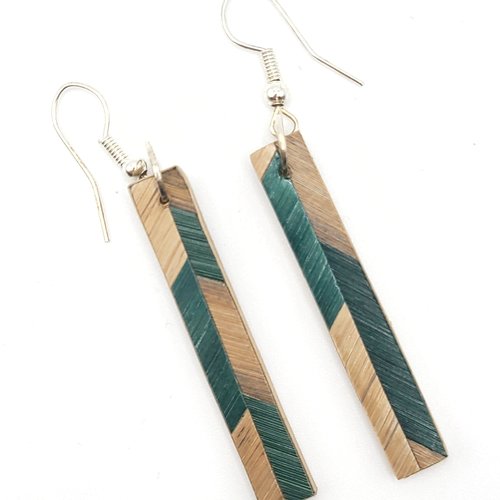 Boucles d’oreilles en marqueterie de paille – rose et marron – pièce unique – fait main en france
