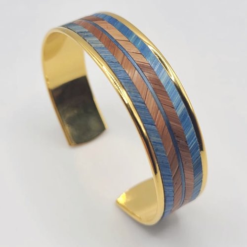 Bracelet artisanal en marqueterie de paille – bijou unique doré à l’or fin – fait main – cadeau original élégant