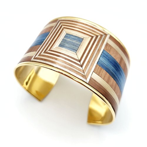 Bracelet artisanal en marqueterie de paille – bijou unique doré à l’or fin – fait main – cadeau original élégant