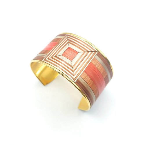 Bracelet artisanal en marqueterie de paille – bijou unique doré à l’or fin – fait main – cadeau original élégant