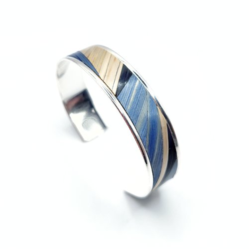 Bracelet femme argent moderne – manchette artisanale originale bleu et noir