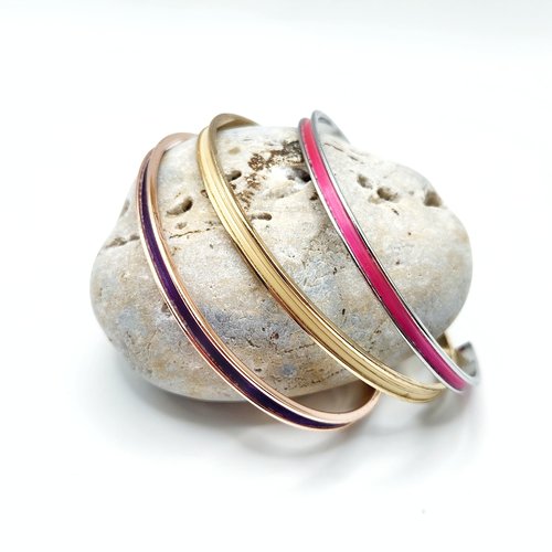 Trio bracelets jonc dorés argent or rose – bijou artisanal fait main – marqueterie de paille rose bleue naturelle – ajustable