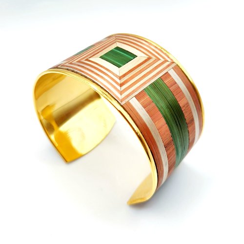 Bracelet artisanal en marqueterie de paille – bijou unique doré à l’or fin – fait main – cadeau original élégant