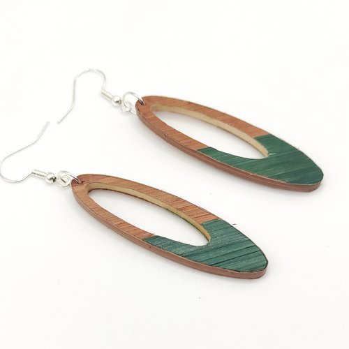 Boucles d’oreilles en marqueterie de paille – marron et vert – pièce unique – fait main en france