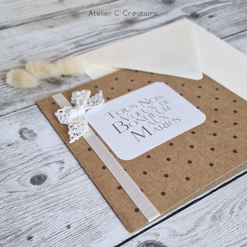 Carte félicitations { tous nos vœux } coloris kraft, satin et dentelle - pour mariage, baptême, fiançailles, anniversaire