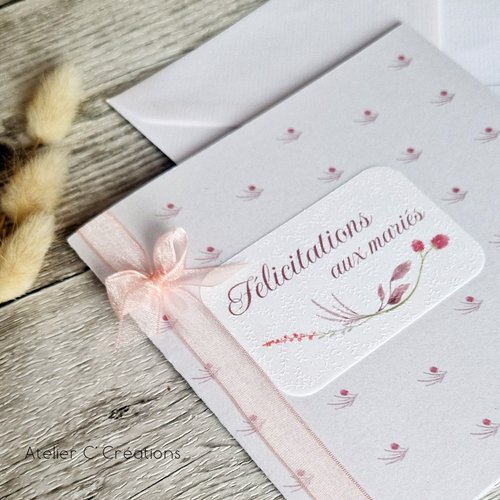 Carte félicitations { ecrin de rose } carte blanc nacré et motif floral - pour mariage, baptême, fiançailles, anniversaire